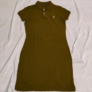 Ralph Lauren Solid Brown Olive Knit Polo Shirt Dress Cotton Women Size Medium